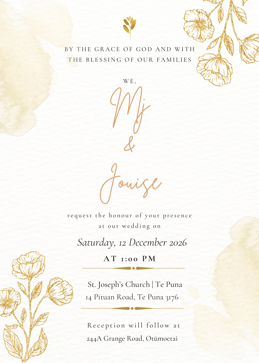 Wedding details for MJ and Jouise, Saturday 12 December 2026 at 1:00 PM.