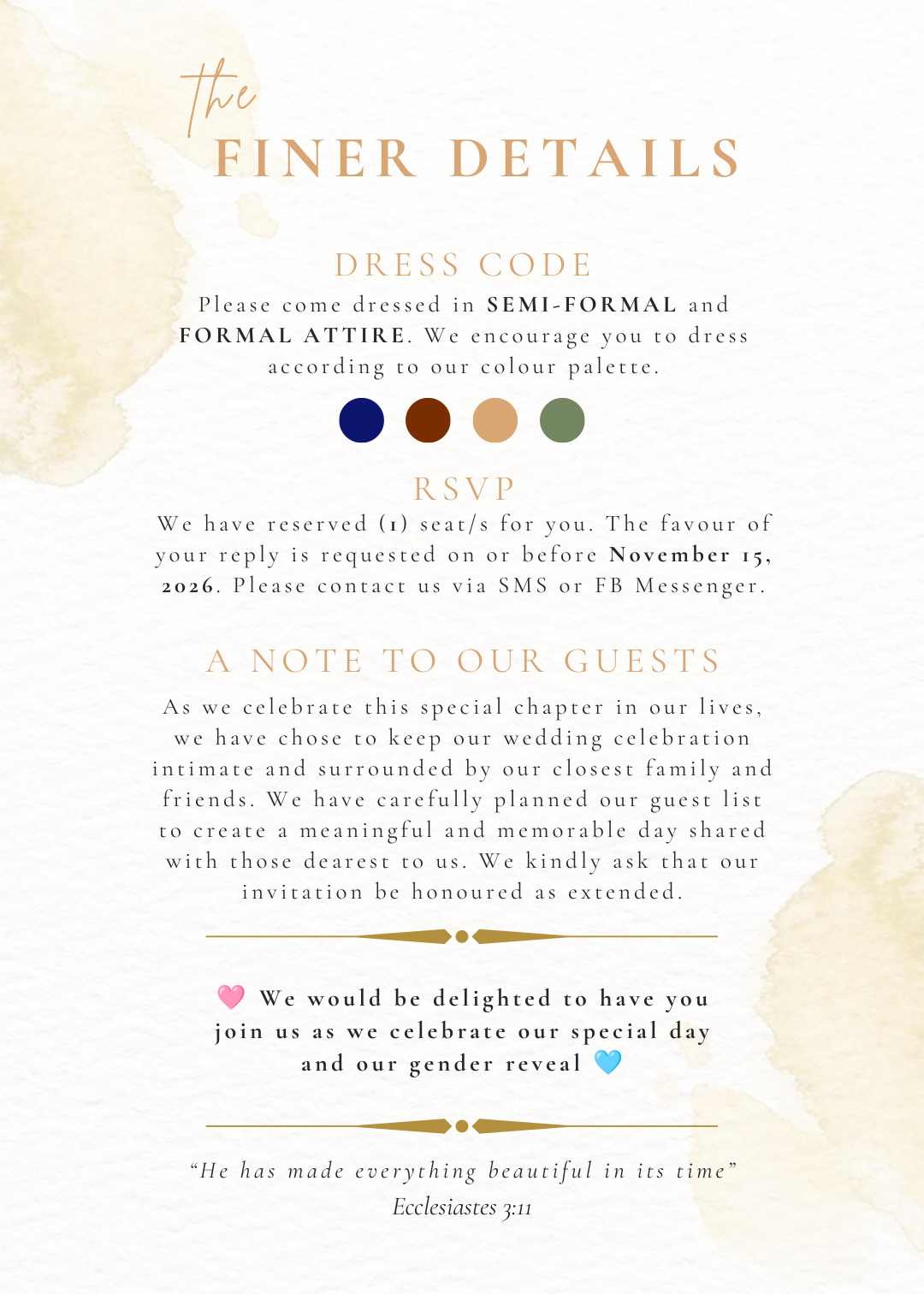 Wedding finer details, dress code, RSVP and note to guests.